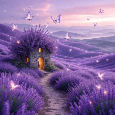 The primary subject of the image is a small purple house with a door, surrounded by a field of purple flowers. The setting is a hillside with a purple sky, and the visual style appears to be a digital art or illustration. The colors and mood of the image are predominantly purple, creating a serene and peaceful atmosphere.